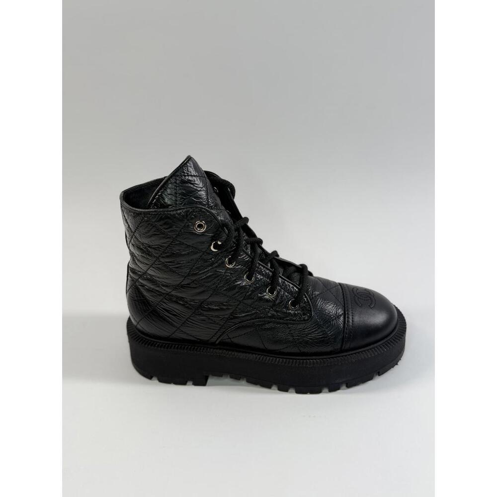 CHANEL Combat Boots Matelasse Black Lambskin